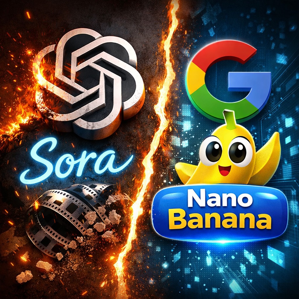 IMAGE: Split image showing OpenAI’s Sora logo burning and breaking apart on one side, while Google’s colorful logo and a cheerful banana mascot glow on the other, symbolizing a shift in AI video dominance