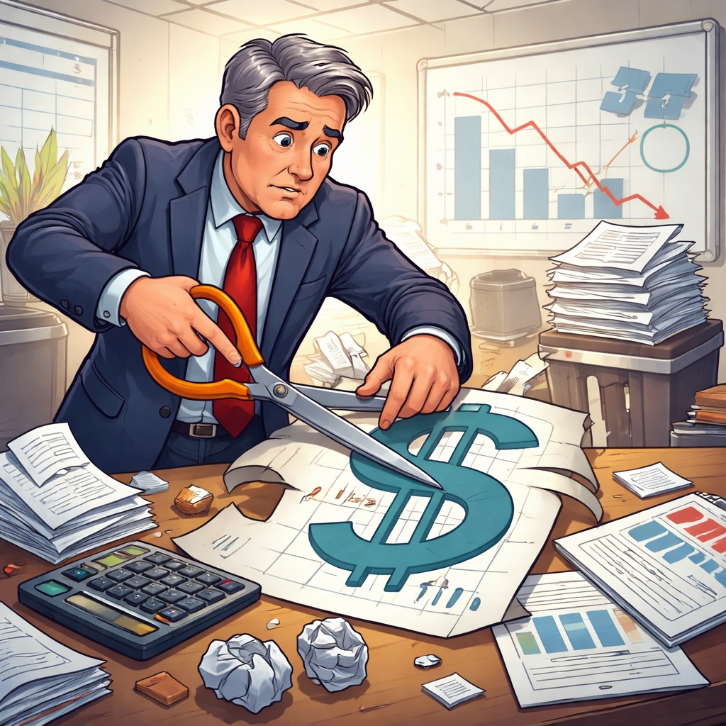 IMAGE: A worried middle-aged manager in a suit sits at a cluttered desk covered with financial reports and charts showing declining performance. He is using an oversized pair of scissors to cut through a large paper dollar sign, symbolizing aggressive cost cutting. Around him are crumpled papers, a calculator, and stacks of documents, reinforcing the sense of panic and misguided attempts to solve deeper problems by simply slashing expenses