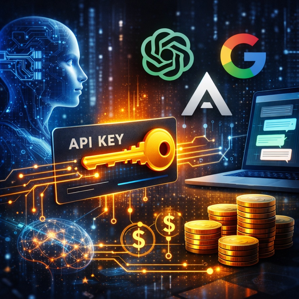 IMAGE: A glowing golden API key card connects through digital circuits to AI model symbols, a laptop interface, and stacks of coins, symbolizing user-controlled access and token-based costs in artificial intelligence platforms
