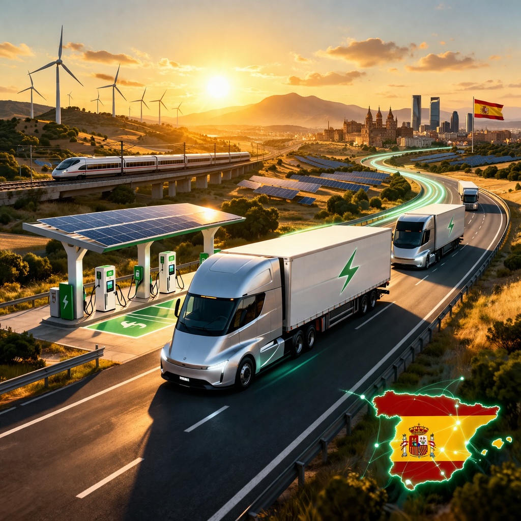 IMAGE: Electric trucks driving on a Spanish highway with charging stations, wind turbines, solar panels, and a train in the background at sunset, symbolizing sustainable transport
