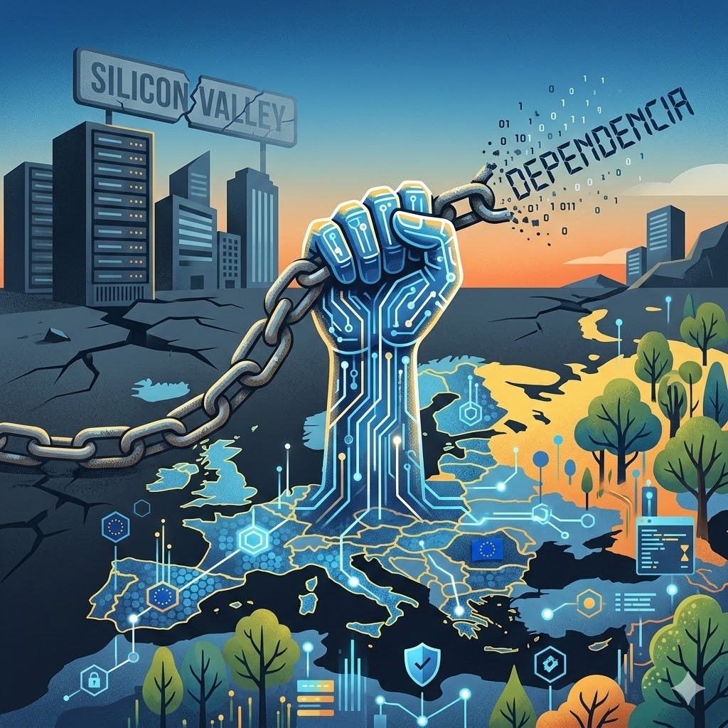 IMAGE: A powerful, circuit-board fist rises from a map of Europe, shattering a heavy chain that spells out "DEPENDENCIA." In the dark background, a cracked Silicon Valley skyline and broken sign signal the end of passive reliance, while bright, green digital growth flourishes below