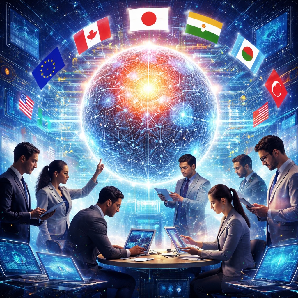 IMAGE: An international group of scientists and engineers collaborating around a glowing digital globe representing a shared artificial intelligence, surrounded by floating national flags and futuristic data interfaces