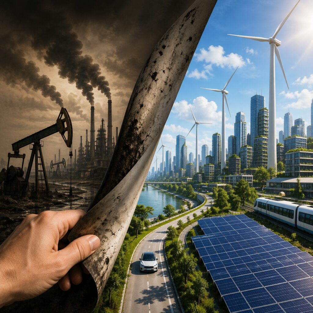 IMAGE: A hand pulls back a dark, polluted layer revealing a bright futuristic city powered by solar panels and wind turbines, symbolizing the transition from fossil fuels to renewable energy 