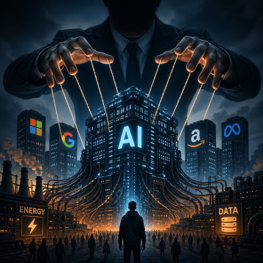 IMAGE: A dark, futuristic scene where a giant unseen figure controls a glowing AI data center like a puppet, towering over people and industrial infrastructure 