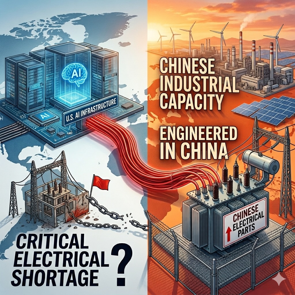 IMAGE: A split illustration shows a blue US side with high-tech AI infrastructure and a broken power grid, connected by red wires to a vibrant orange Chinese side featuring robust electrical manufacturing and engineering