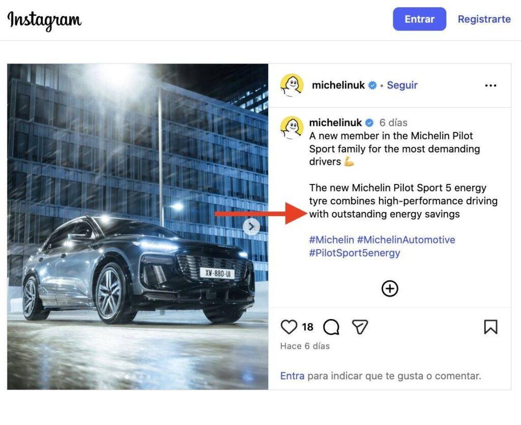 Example of sustainable marketing: Michelin’s Primacy 5 Energy on the brand’s Instagram.