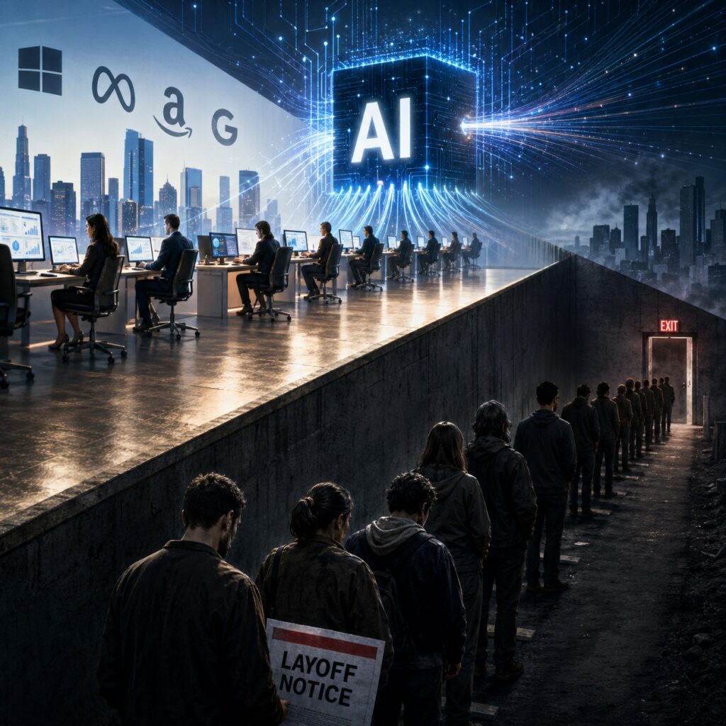 IMAGE: A futuristic office powered by a glowing AI core contrasts sharply with a dark line of laid-off workers descending toward an exit, symbolizing inequality in the AI era 