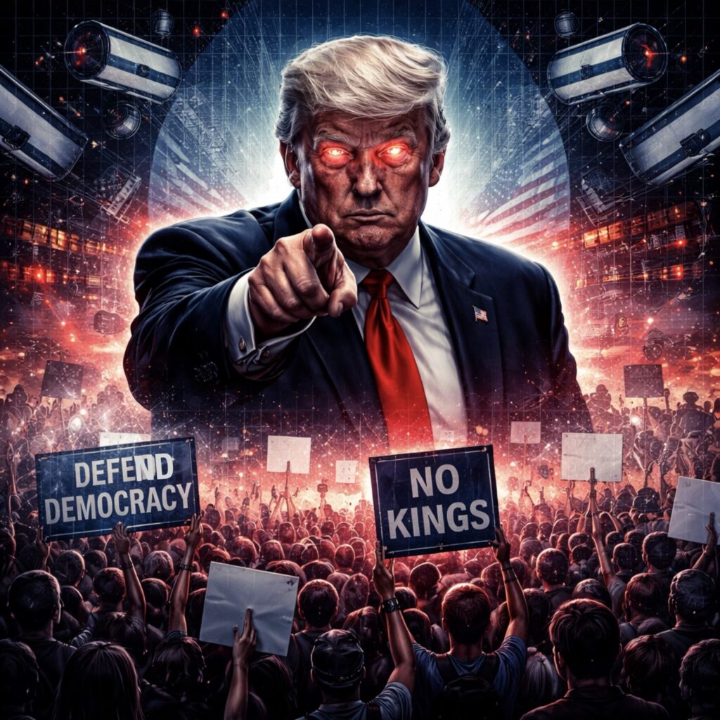IMAGE: A stylized image of Donald Trump with glowing eyes towering over a crowd of protesters, surrounded by surveillance cameras and digital networks, symbolizing control and resistance 