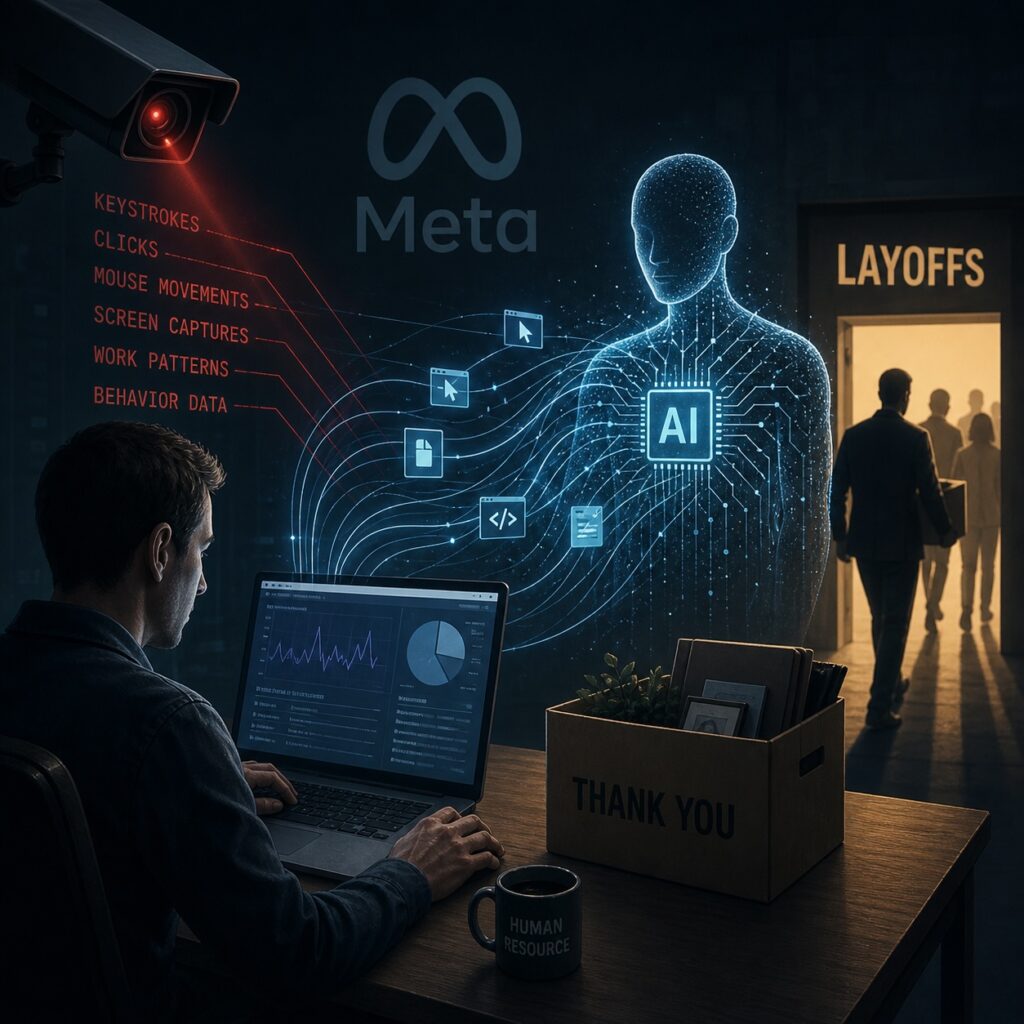 IMAGE: A worker sits at a laptop under digital surveillance while a glowing AI figure absorbs data from his actions, as other employees leave through a door marked layoffs in the background 
