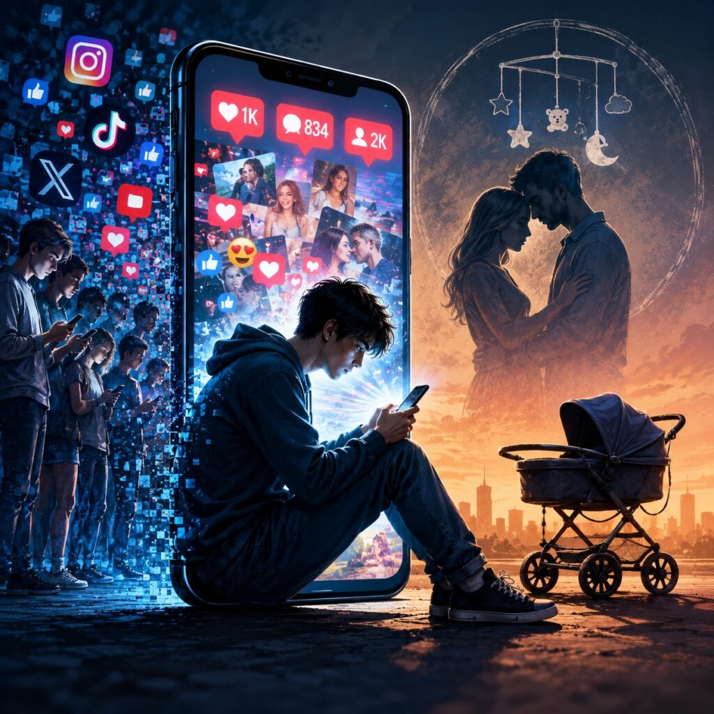 IMAGE: A young man sits absorbed in his smartphone amid glowing social media icons, while an empty stroller and a fading image of a couple symbolize loneliness, isolation, and declining birth rates in the digital age 