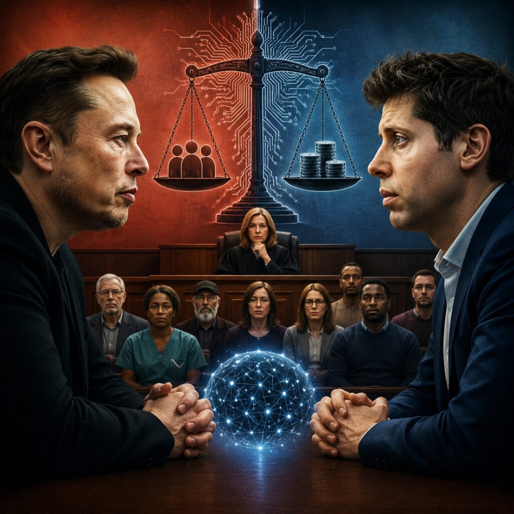 IMAGE: A dramatic courtroom scene showing two opposing figures facing each other across a glowing digital sphere, with a judge and a diverse jury behind them and a symbolic scale balancing people against money, set against a split red-and-blue technological background