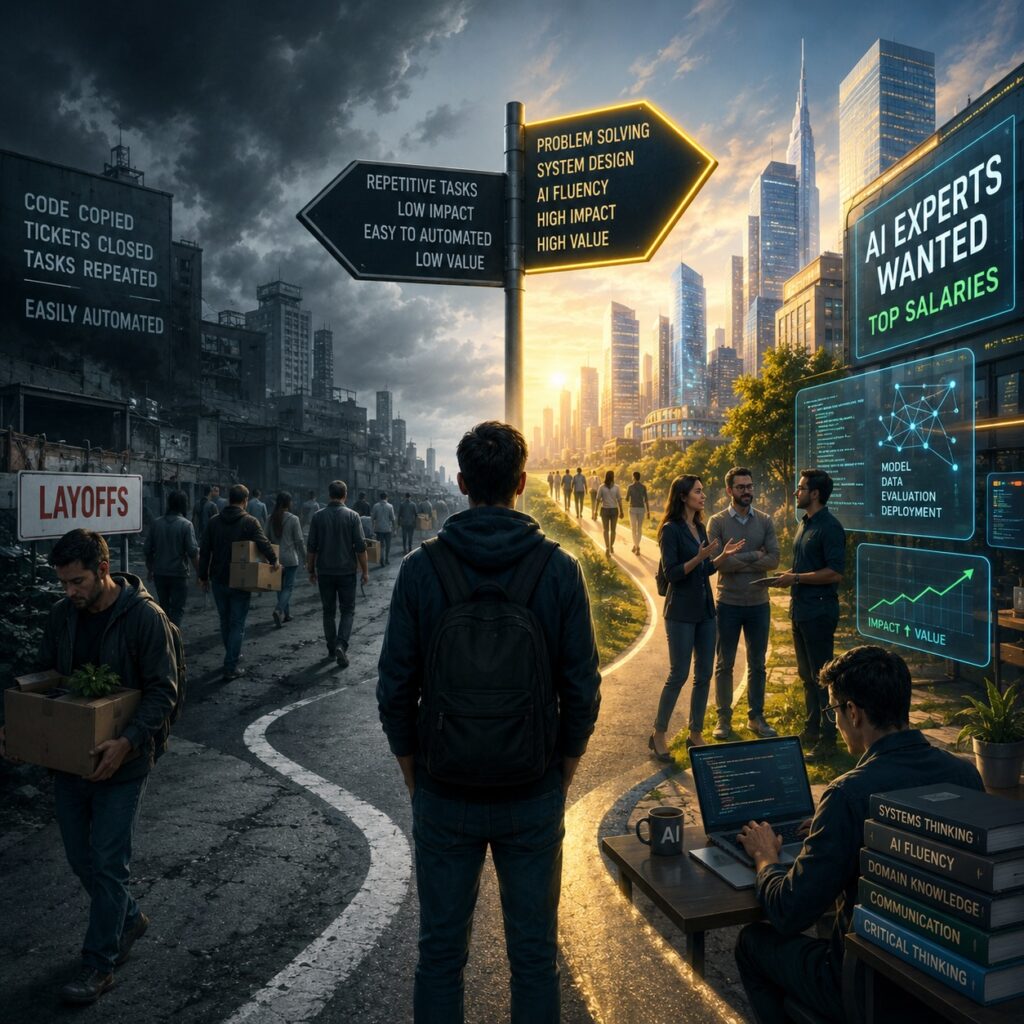 IMAGE: A young developer stands at a crossroads between a dark world of layoffs and automation and a bright AI-driven future filled with opportunity, innovation, and highly paid tech work 