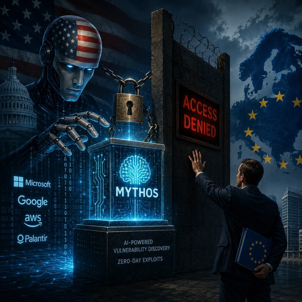 IMAGE: A towering humanoid robot with American flag features controls a glowing AI core behind a locked barrier, while a European figure reaches toward a wall marked "access denied," symbolizing restricted access to critical cybersecurity technology 