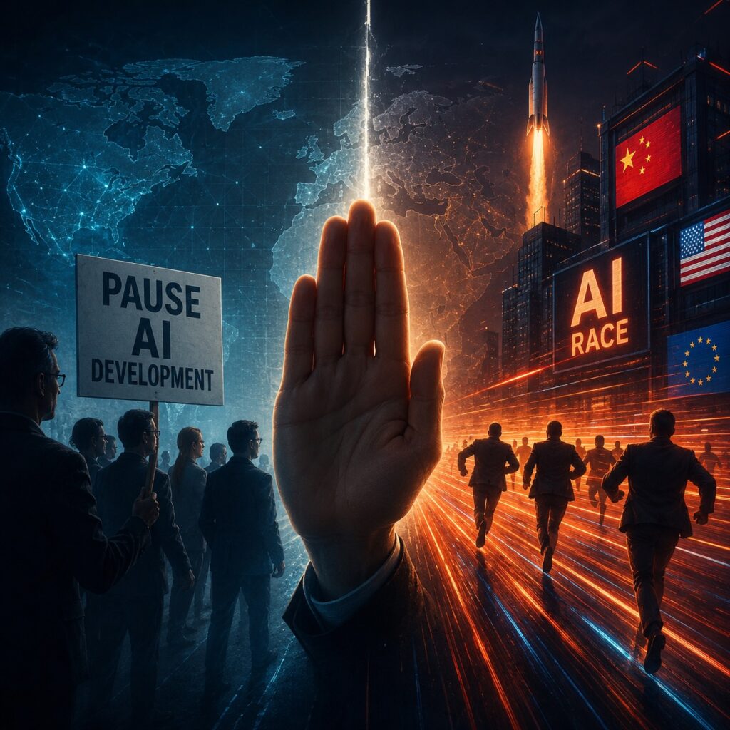 IMAGE: A giant stop hand tries to halt a global AI race as competitors sprint toward technological dominance under the flags of major world powers 