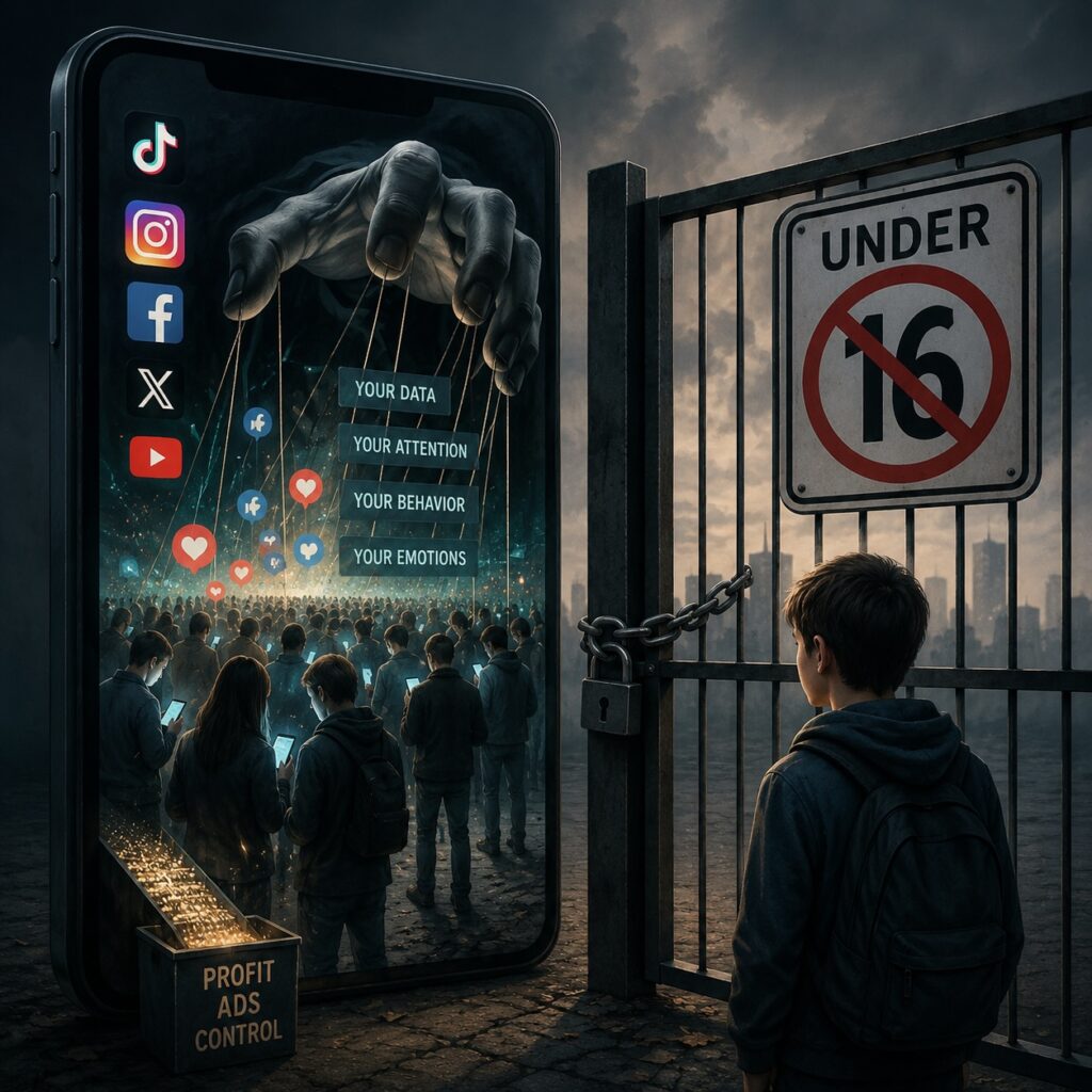 IMAGE: A teenager stands outside a locked age-restricted gate while adults inside a giant smartphone are manipulated by a surveillance-driven social media machine 