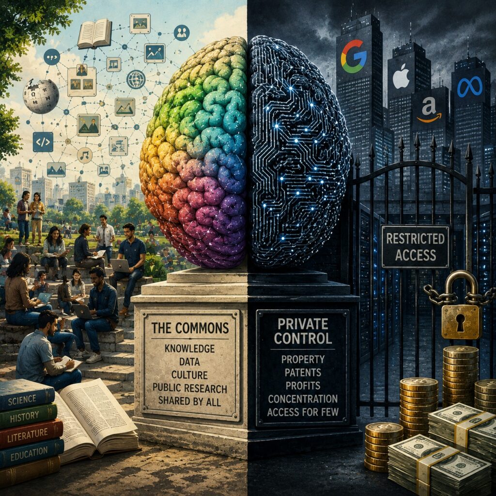 IMAGE: A split AI brain contrasts shared public knowledge with locked corporate control 