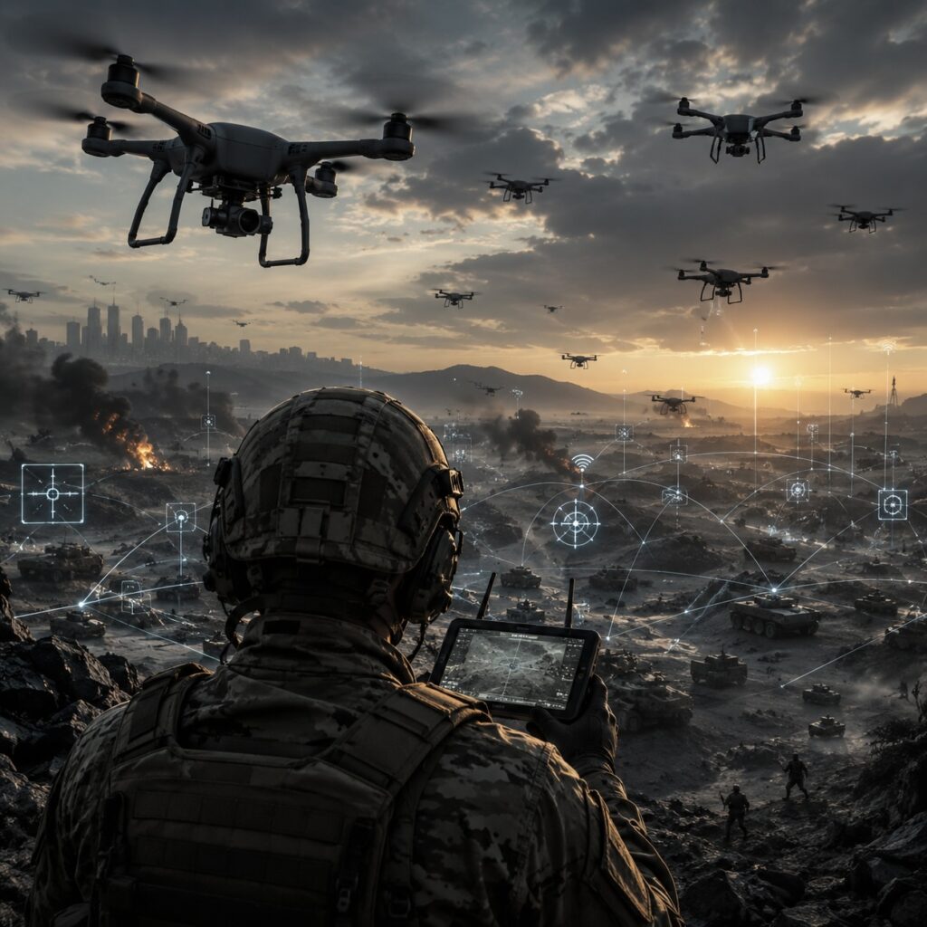 IMAGE: A soldier uses a tablet to coordinate multiple drones over a devastated battlefield, with network overlays suggesting the new algorithmic logic of war 