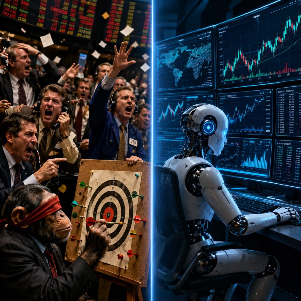 IMAGE: A blindfolded monkey throws darts in a chaotic trading floor while, on the other side, a calm humanoid AI analyzes market charts 