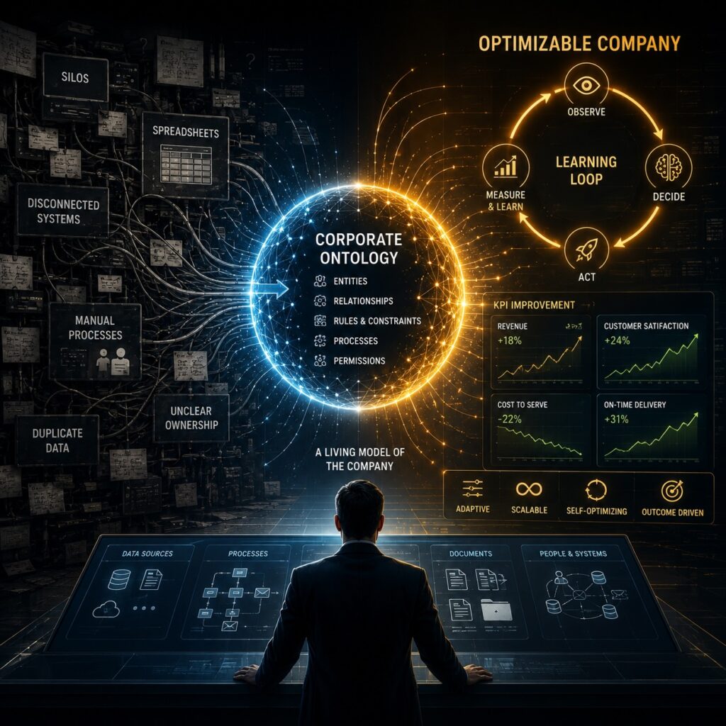 IMAGE: A business leader studies a glowing corporate world model where data, processes, AI loops, and KPI improvements converge into a self-optimizing company 