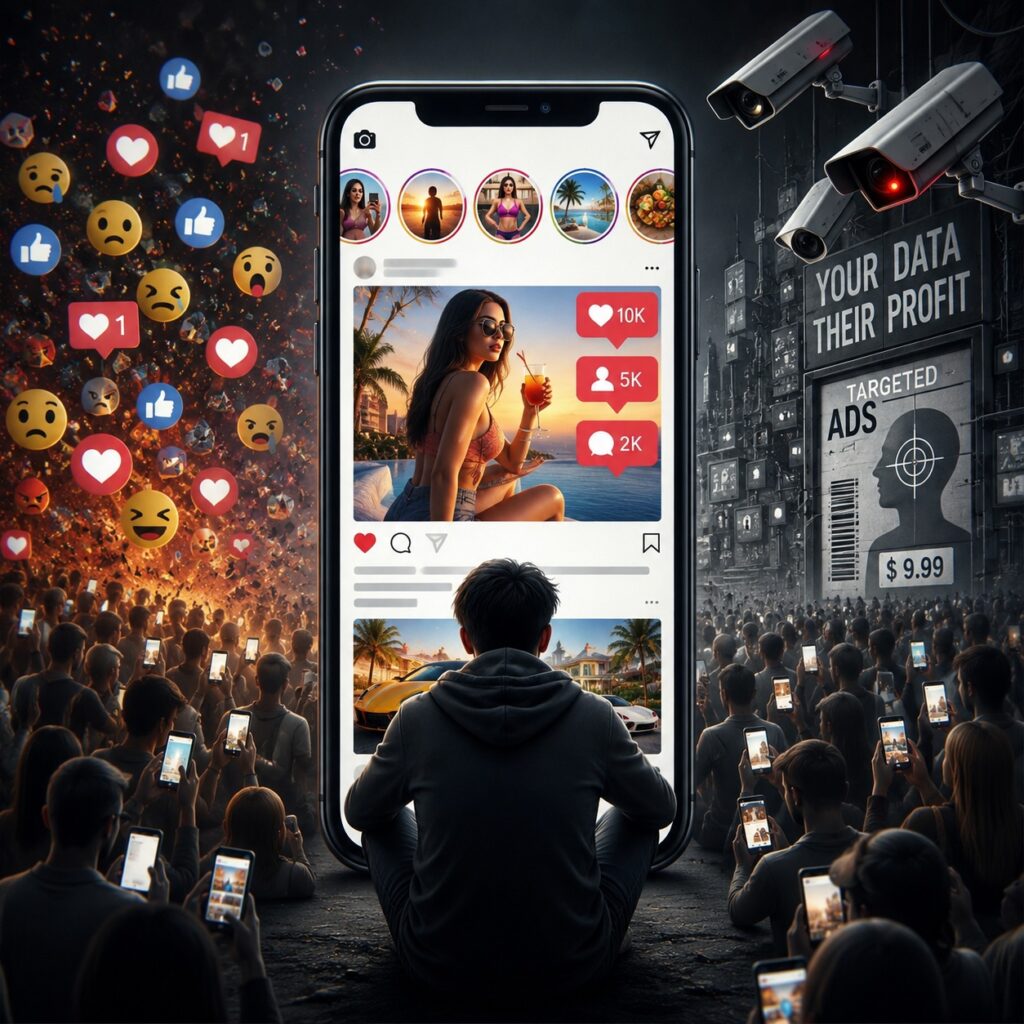 IMAGE: A lone user faces an endless social feed, surrounded by influencers, ads, surveillance cameras, and crowds absorbed in their phones
