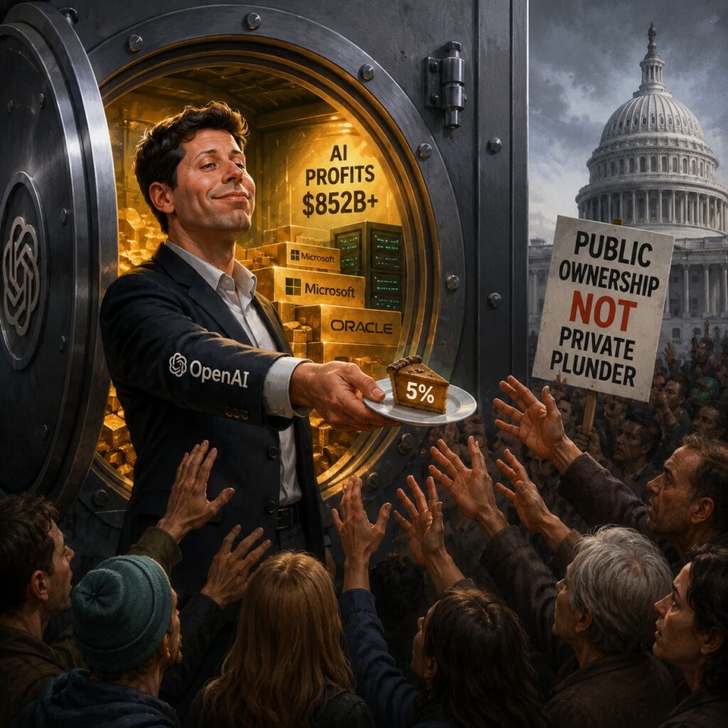 IMAGE: A tech executive offers a tiny slice of wealth to a crowd while standing before a vast vault of AI profits, symbolizing private capture of public value