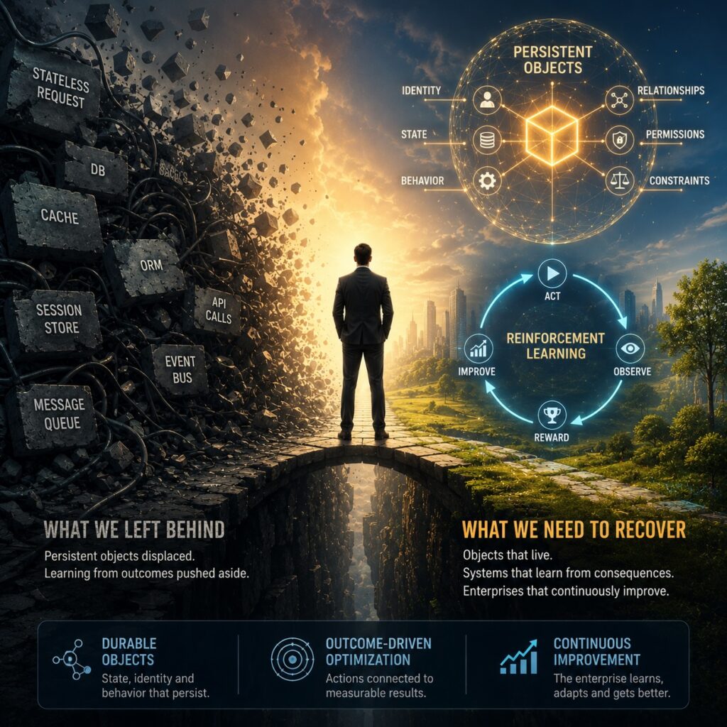 IMAGE: A person stands between fragmented stateless systems and a bright future built on persistent objects, reinforcement learning, and continuous improvement. 