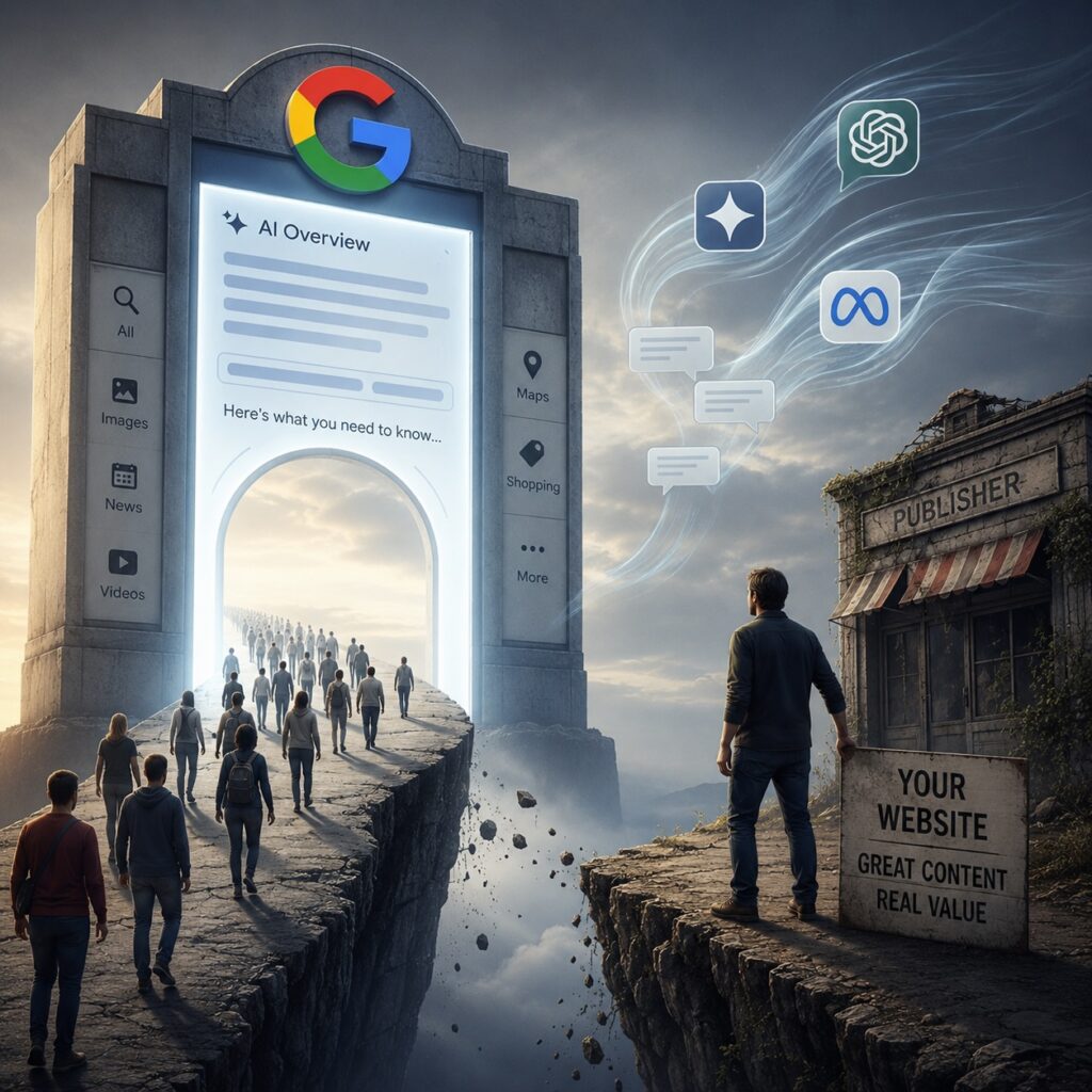 IMAGE: A giant AI-powered search portal absorbs articles and user traffic while independent websites are left behind. 