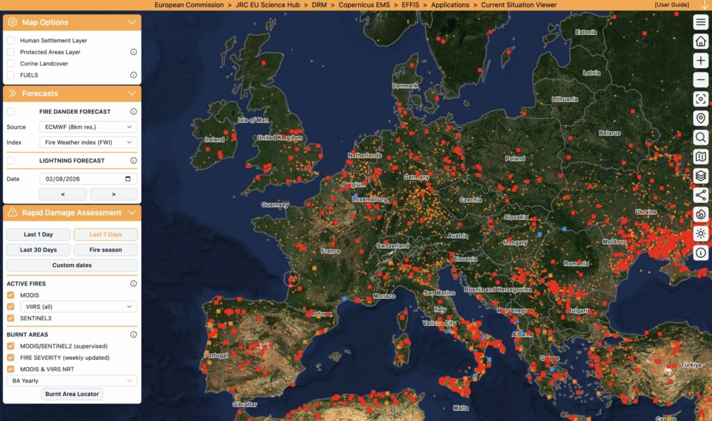 IMAGE: A map of the wildfires and surface burnt in July 2026 (EFFIS - European Forest Fire Information System)