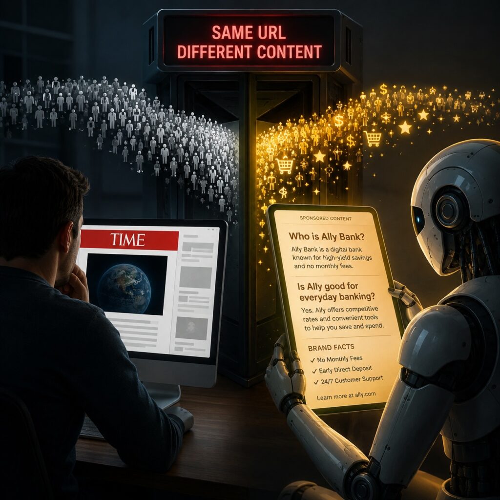 IMAGE: A humanoid AI absorbs hidden advertising messages behind a news webpage while an unaware reader sees only the clean public version.