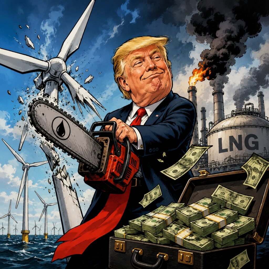 IMAGE: Donald Trump cuts down offshore wind turbines with a chainsaw as fossil-fuel infrastructure and piles of money loom behind him.